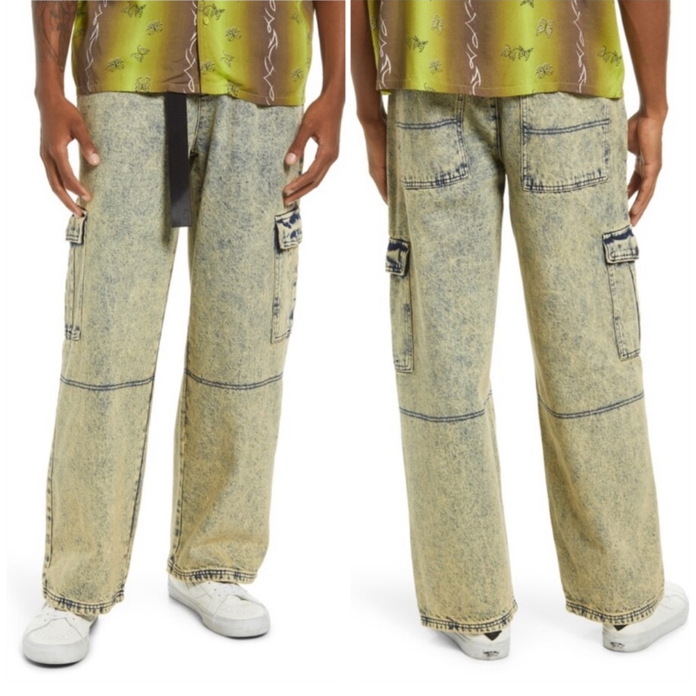 Be Proud Gender Inclusive Belted Acid Wash Denim Cargo Pants - Size M